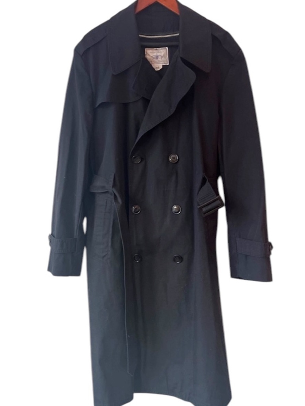 Military Tench Coat Mens 44R  Black Double Breasted Lined Belted Classic Preppy - Picture 3 of 9